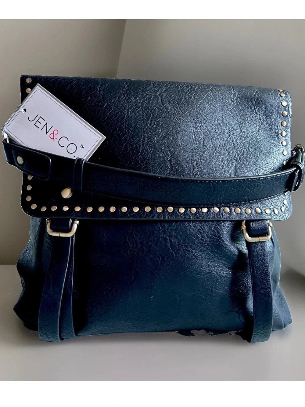 Jen & Co Indigo Convertible Backpack Purse Flap Over Front Metal Studs Black 12”